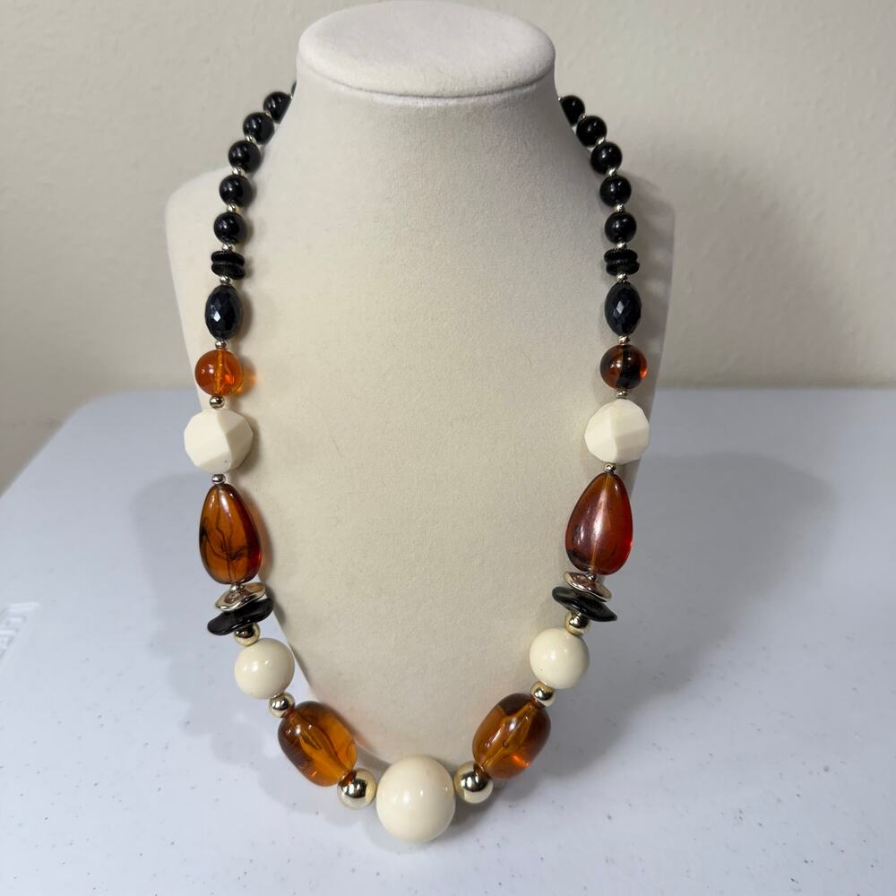 Vintage 50s 60s Brown Black Lucite Beaded Statement Long Necklace Retro Classic